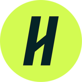 Handshake logo, large neon green-yellow circle with capital H in the middle